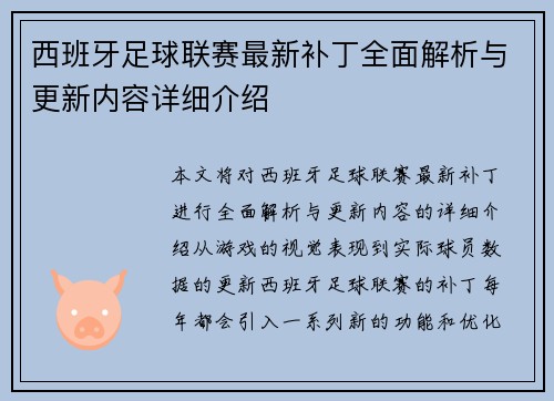 西班牙足球联赛最新补丁全面解析与更新内容详细介绍