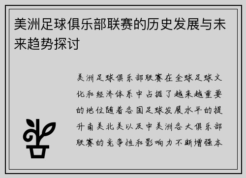 美洲足球俱乐部联赛的历史发展与未来趋势探讨