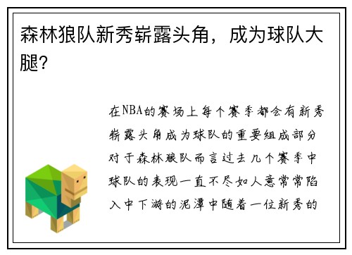 森林狼队新秀崭露头角，成为球队大腿？